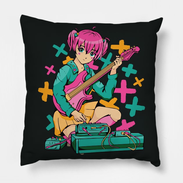 Cute Anime Girl with Guitar Pillow by SLAG_Creative