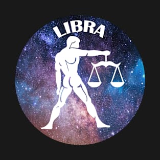 Libra Astrology Zodiac Sign Design - Libra Man Holding Scales of Justice - Space Stars Background and White T-Shirt