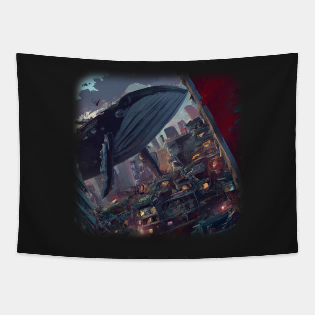 Whale floating in the city Tapestry by Perryfranken