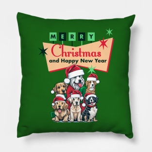 Retro Christmas Dog Design - Cute Dogs with Santa Hats Under a Retro Sign Pillow