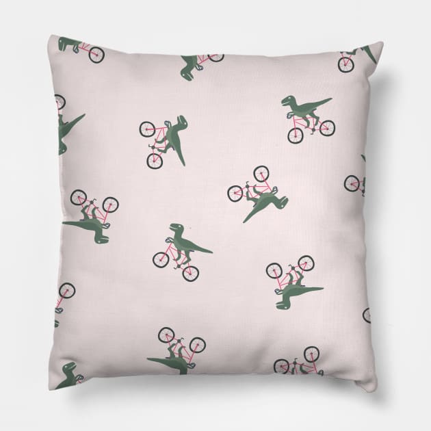 Cartoon Dinosaur Riding A Bike Pillow by Spindriftdesigns