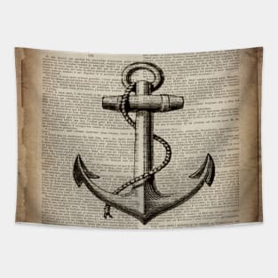 1980s dark academia beach nautical captain newspaper print vintage anchor Tapestry