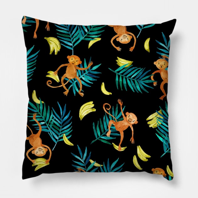 Tropical Monkey Banana Bonanza on Black Pillow by micklyn