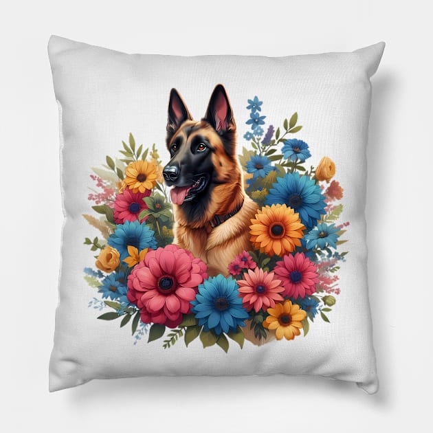 A malinois decorated with beautiful colorful flowers. Pillow by CreativeSparkzz