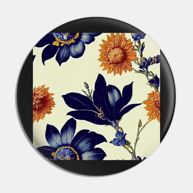 Deep Blue and Rust Autumn Orange Vintage Floral Pin by VintageFlorals