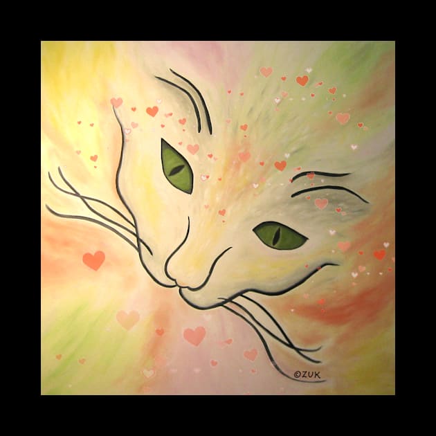 Colorful Abstract Cat Face With Hearts by KarenZukArt