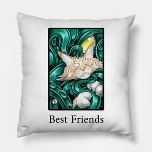 Ginger Cat and Cthulhu Friend - Best Friends - Black Outlined Version Pillow