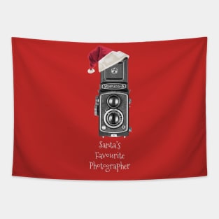 Christmas Vintage Camera with Santa hat - Favourite Photographer - White Text Tapestry