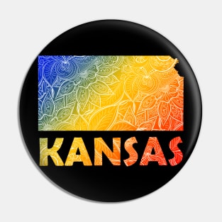 Colorful mandala art map of Kansas with text in blue, yellow, and red Pin