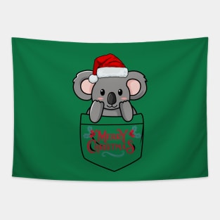 Cute Christmas koala popping out of the pocket Tapestry