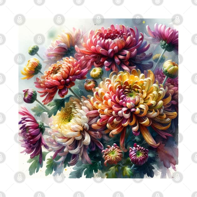 Vibrant Mums Chrysanthemums Decor - Watercolor Flower by Aquarelle Impressions