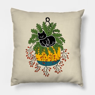 Black Cat Sleeping In A Hanging Yellow Plant Pot Pillow