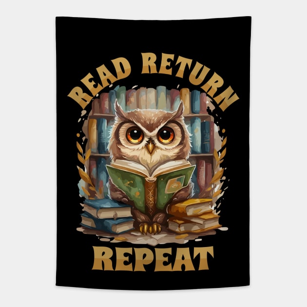 Read Return Repeat Owl with books Tapestry by Tezatoons