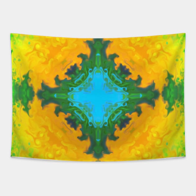 Psychedelic Kaleidoscope Square Blue Yellow and Green Tapestry by WormholeOrbital