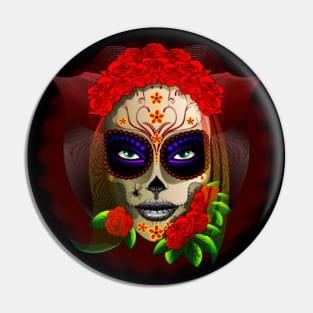 Skull Girl Dia de los Muertos Portrait Pin