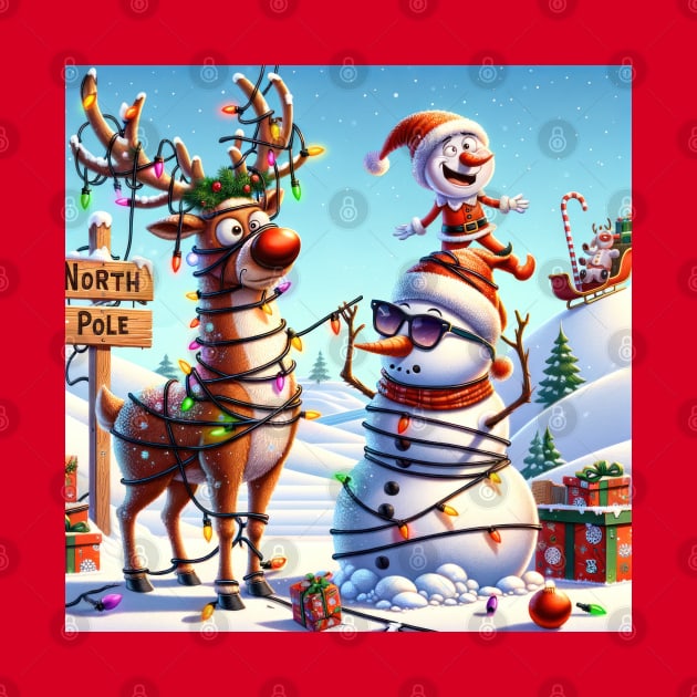 Rudolph, an Elf and a Snowman at the North Pole by TooplesArt