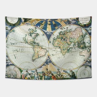 Antique Old World Double Hemisphere Map by Pieter Goos Tapestry