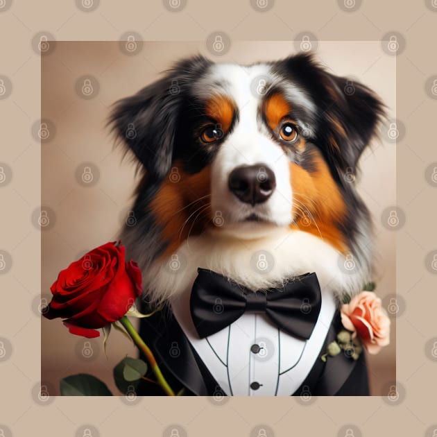 Australian shepherd dog in tuxedo with rose by nicecorgi