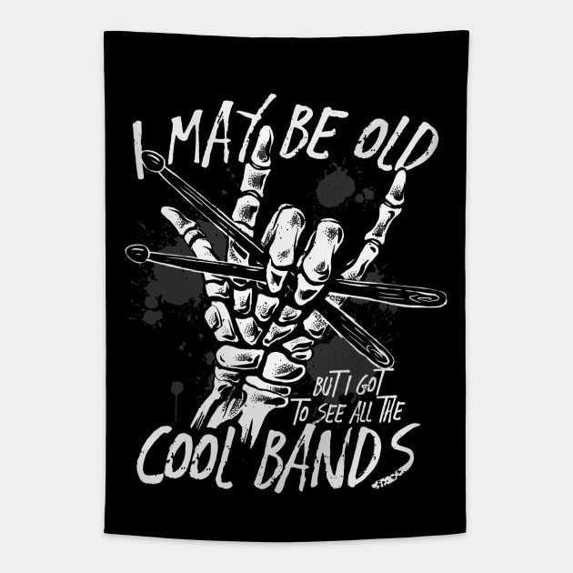 I May Be Old But I Got to See All the Cool Bands // Retro Music Lover // Vintage Old School Skeleton Guitar Rock n Roll Tapestry by SLAG_Creative