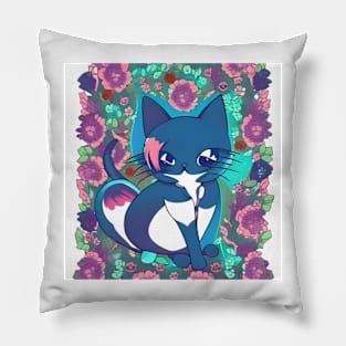 Anime Blue Cat With Flowers Pillow