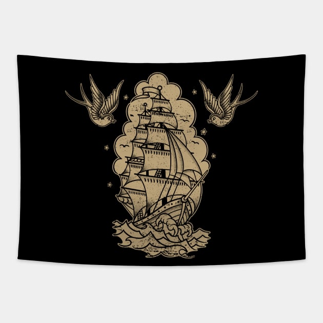 sailing ship and swallows variant Tapestry by Seven Relics