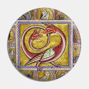 MEDIEVAL BESTIARY,TWO HEADED RED DRAGON, FANTASTIC ANIMALS IN GOLD RED BLUE COLORS Pin