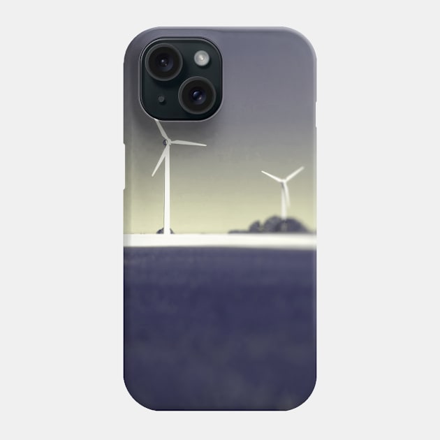 Black and white photo with scenic view of three power windmill turbines on clear sky and rye crop with half sun shadow Phone Case by Khala