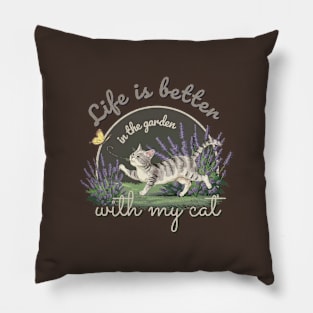 Gardening Cat Yellow Butterfly Lavender Garden Meow Kitty Distressed Vintage Cute Pillow