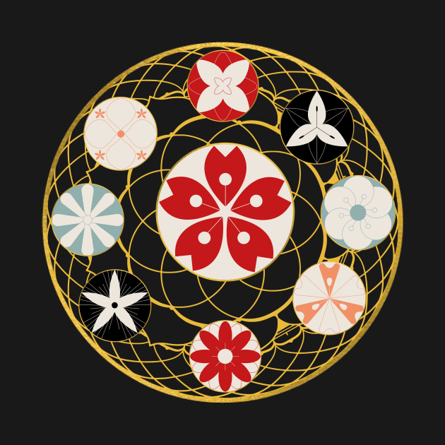 Japanese Holy Flowers in Golden Circle by Clothesline Collective