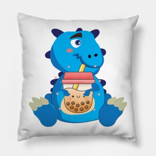 Baby Blue Dino Boba T rex Dinosaur  drinking Bubble tea Pillow