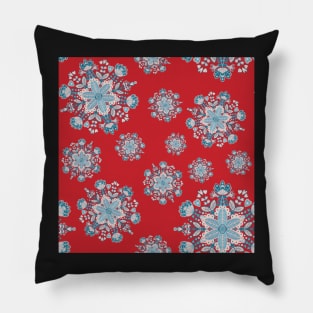 Blue, Pink and Red Mandala Snowflake Repeat Pattern Pillow