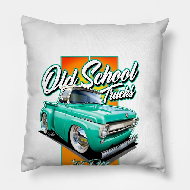 Cartooned 1957 Ford Truck (Turquoise) Pillow by stefansautoart