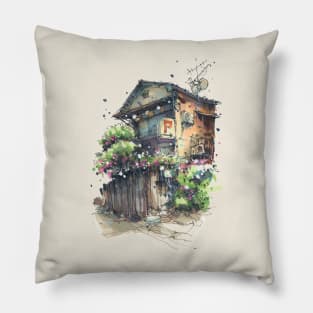 Japanese House With Flowers Pillow