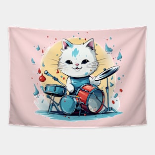 Adorable Kawaii Kitten playing on Drums Tapestry