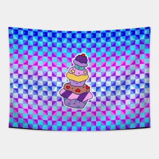 Cupcake Pile Holographic Checkered Pattern Tapestry