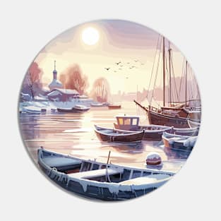 Winter River Boats Pin