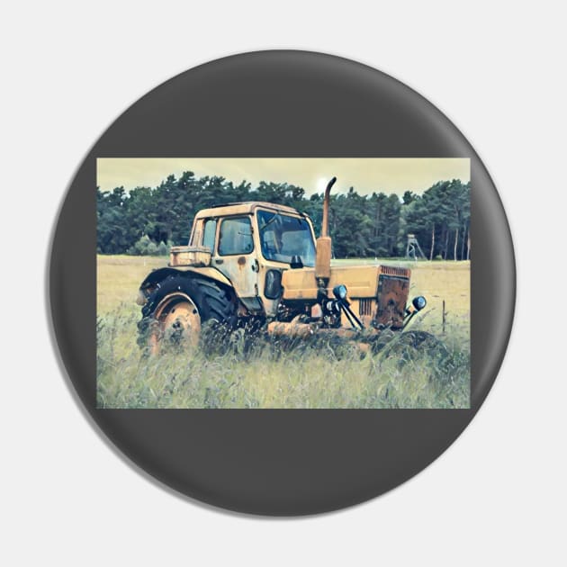 Rusty Old Tractor In Field Pin by IainDesigns