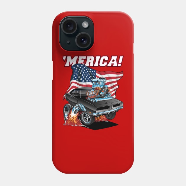 Merica Patriotic Classic Hot Rod Muscle Car USA Flag Cartoon Phone Case by hobrath