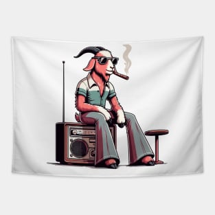 smoking 70s goat sitting on vintage radio Tapestry