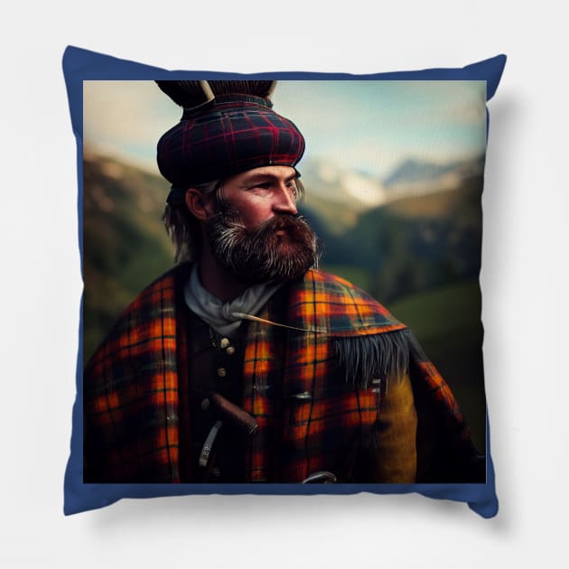 Scottish Highlander in Clan Tartan Pillow by Grassroots Green
