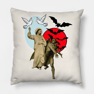 Jesus and the Holy Spirit Resist Satan's Temptation with Bats Pillow