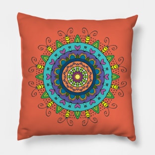 Colorful Mandala with Hearts and Bugs on Orange Pillow