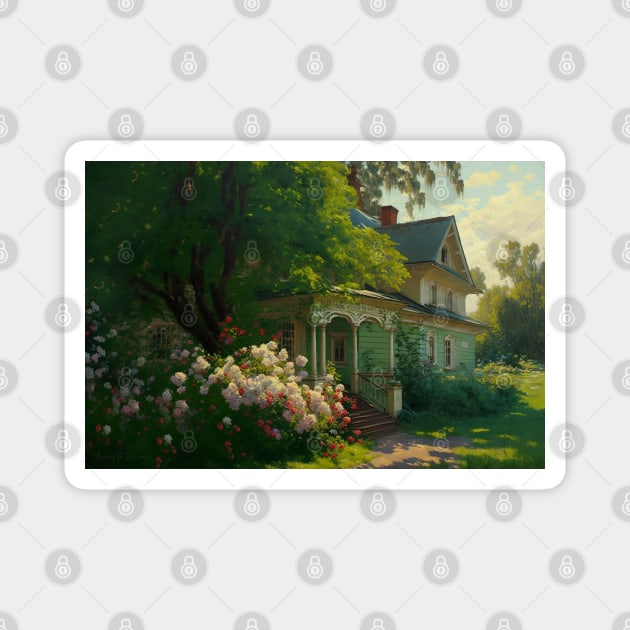 Traditional Russian House Estate in the Countryside Landscape Painting Room Decor Wall Art "Where the Granny Lives" Magnet by The Fata Morgana