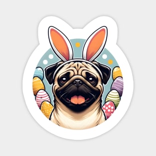 Pug Celebrates Easter with Bunny Ears and Colorful Eggs Magnet