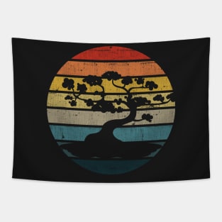 Bonsai Tree Silhouette On A Distressed Retro Sunset design Tapestry