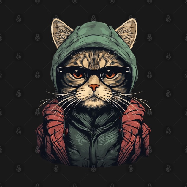 Hipster Cat with Hoodie and Glasses by origato