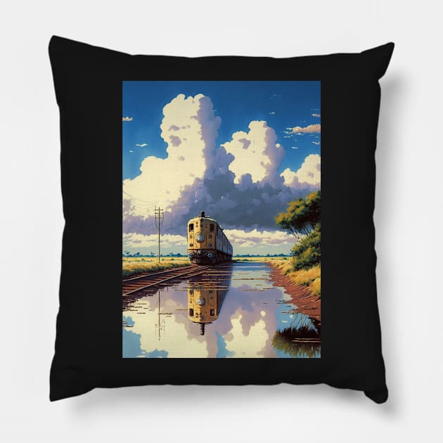 Retro Anime Style Old Japanese Train Pillow by KaPrints