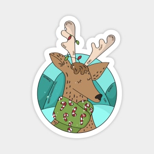 Cute Christmas Deer Illustration with Candy Cane Scarf Magnet