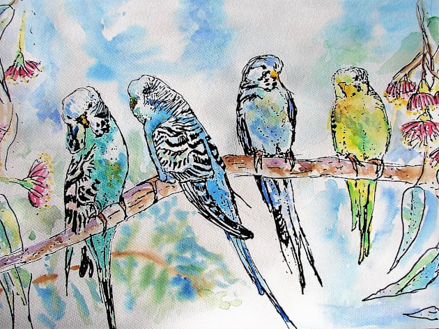 Colourful Budgies Budgerigars Sitting on A Branch Watercolor Painting Kids T-Shirt by SarahRajkotwala