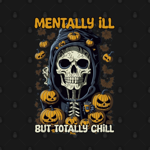 Groovy Mentally Ill But Totally Chill Halloween Skeleton by masterpiecesai